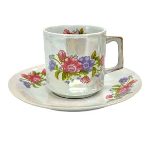 1970s WAHBEH OF CHINA LUSTERWARE PINK & PURPLE FLORAL CUPS & SAUCERS - SET OF 6